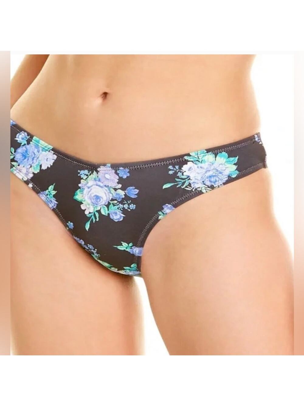 WeWoreWhat Black V Shaped Blue Floral Cheeky Bikini Bottoms NWOT Large